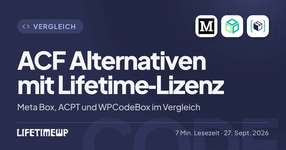 Titelbild: ACF Alternativen mit Lifetime-Lizenz: Meta Box, ACPT und WPCodeBox im Vergleich