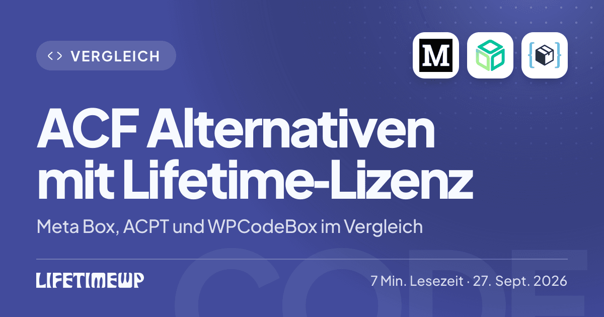 Titelbild: ACF Alternativen mit Lifetime-Lizenz: Meta Box, ACPT und WPCodeBox im Vergleich