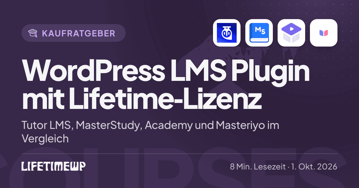 Titelbild: WordPress LMS Plugin mit Lifetime-Lizenz: Tutor LMS, MasterStudy, Academy und Masteriyo im Vergleich